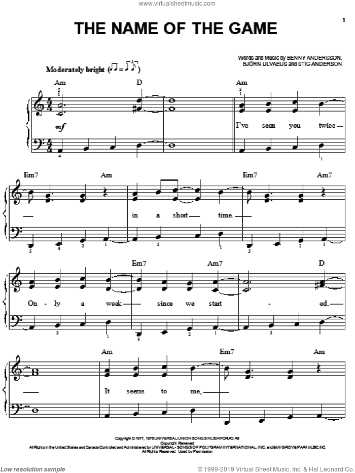 The Name Of The Game sheet music for piano solo by ABBA, Mamma Mia! (Movie), Mamma Mia! (Musical), Benny Andersson, Bjorn Ulvaeus and Stig Anderson, easy skill level