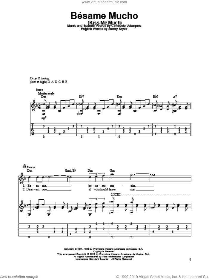 Besame Mucho (Kiss Me Much), (intermediate) sheet music for guitar solo by Consuelo Velazquez, intermediate skill level