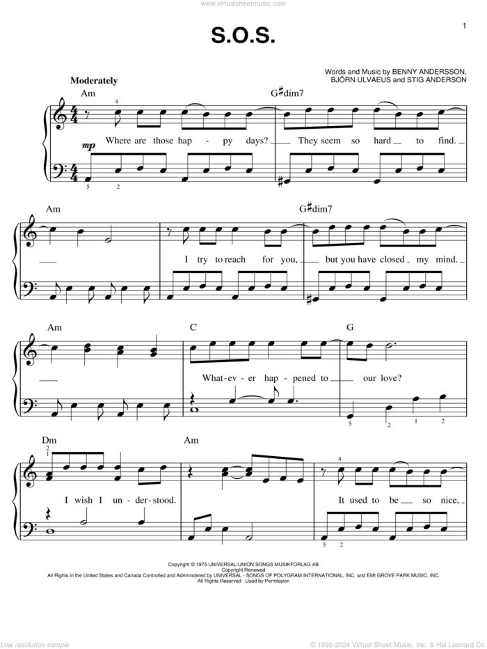 S.O.S. sheet music for piano solo by ABBA, Mamma Mia! (Movie), Mamma Mia! (Musical), Benny Andersson, Bjorn Ulvaeus and Stig Anderson, easy skill level