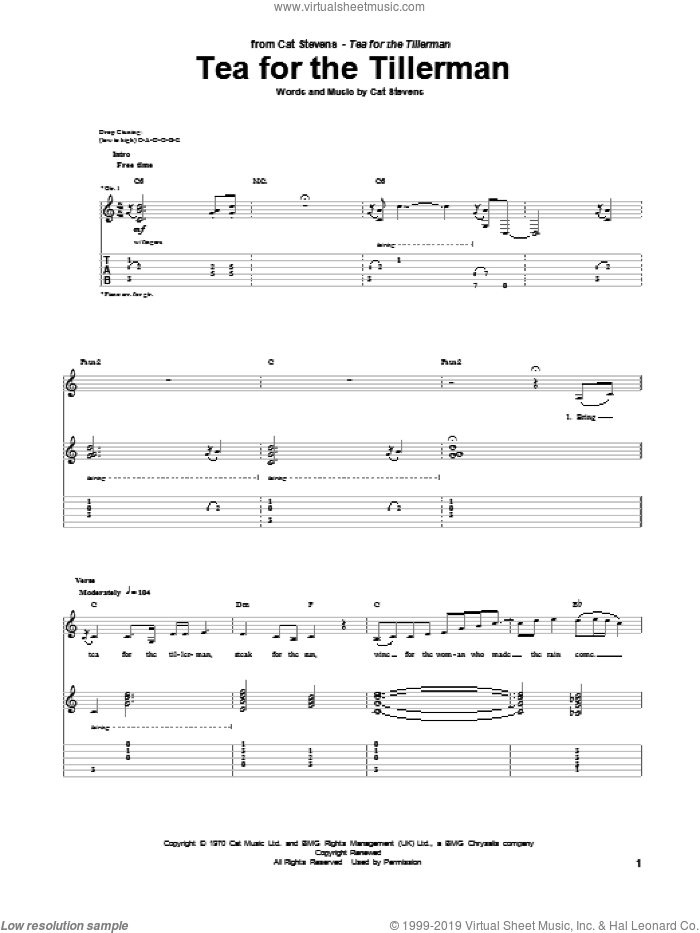Tea For The Tillerman sheet music for guitar (tablature) by Cat Stevens, intermediate skill level