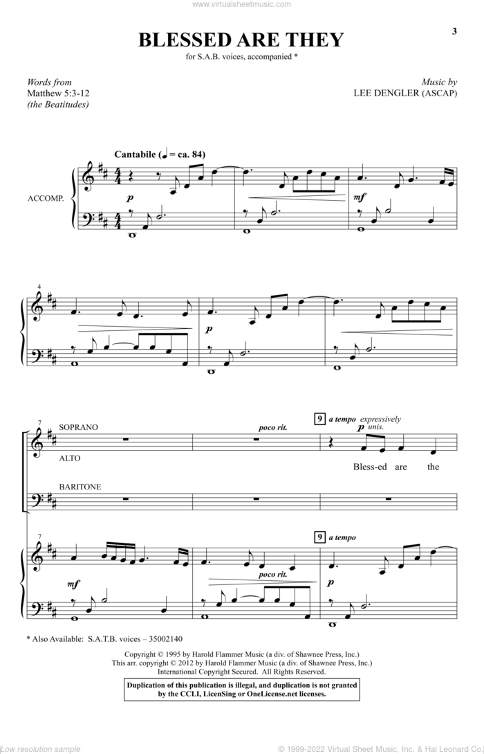 Blessed Are They sheet music for choir (SAB: soprano, alto, bass) by Lee Dengler, intermediate skill level