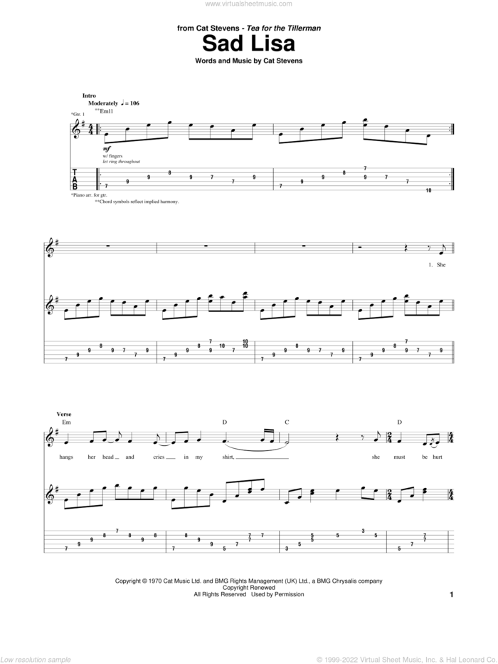 Sad Lisa sheet music for guitar (tablature) by Cat Stevens, intermediate skill level