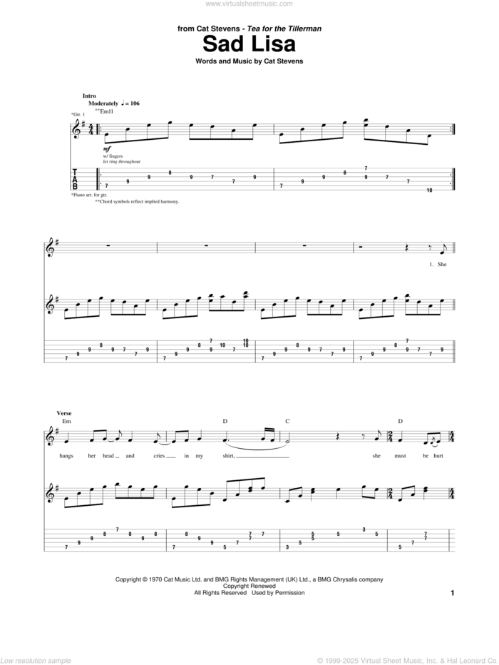 Sad Lisa sheet music for guitar (tablature) by Cat Stevens, intermediate skill level