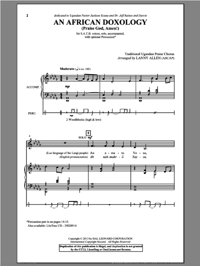 An African Doxology sheet music for choir (SATB: soprano, alto, tenor, bass) by Lanny Allen, intermediate skill level