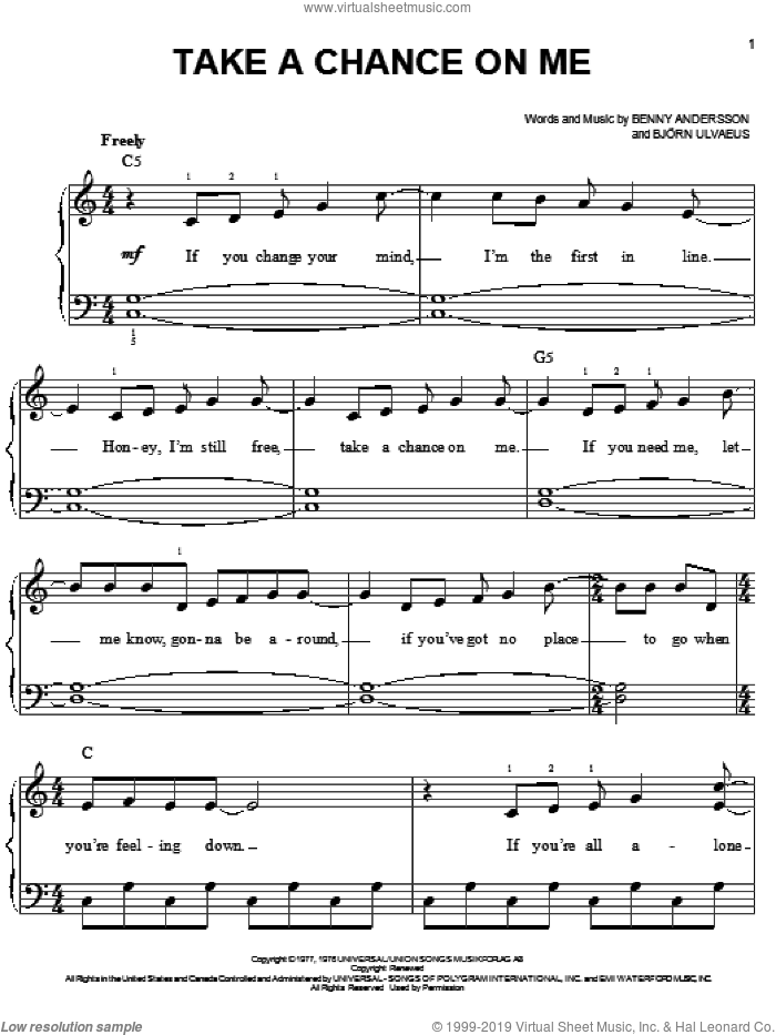 Take A Chance On Me, (easy) sheet music for piano solo by ABBA, Mamma Mia! (Movie), Mamma Mia! (Musical), Benny Andersson and Bjorn Ulvaeus, easy skill level