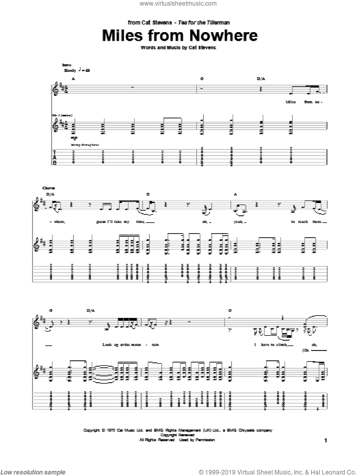 Miles From Nowhere sheet music for guitar (tablature) by Cat Stevens, intermediate skill level