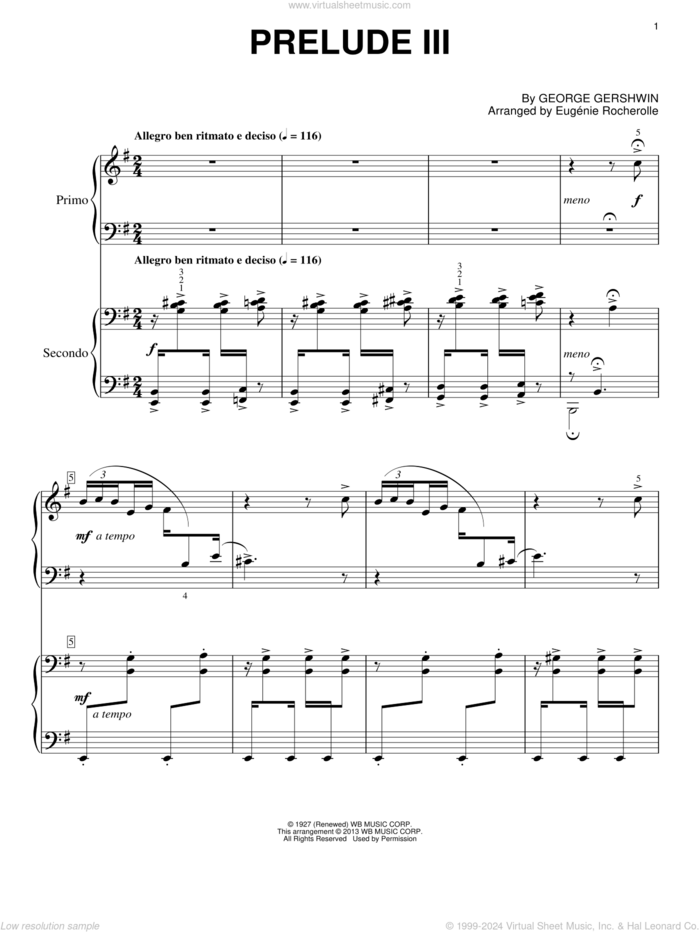 Prelude III (Allegro Ben Ritmato E Deciso) sheet music for piano four hands by George Gershwin and Eugenie Rocherolle, intermediate skill level