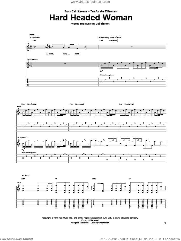 Hard Headed Woman sheet music for guitar (tablature) by Cat Stevens, intermediate skill level