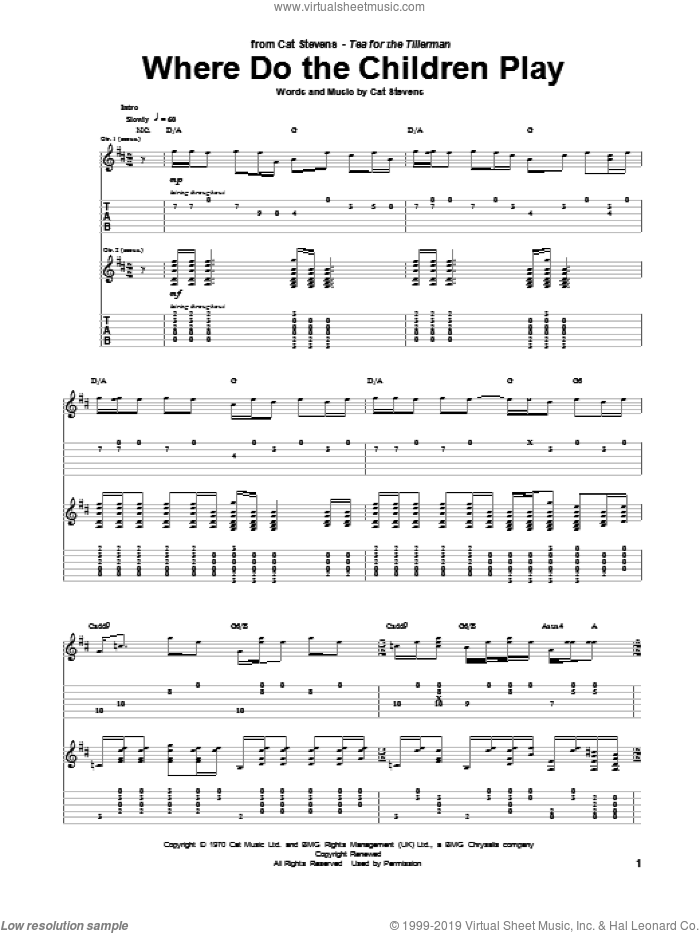 Where Do The Children Play sheet music for guitar (tablature) by Cat Stevens, intermediate skill level