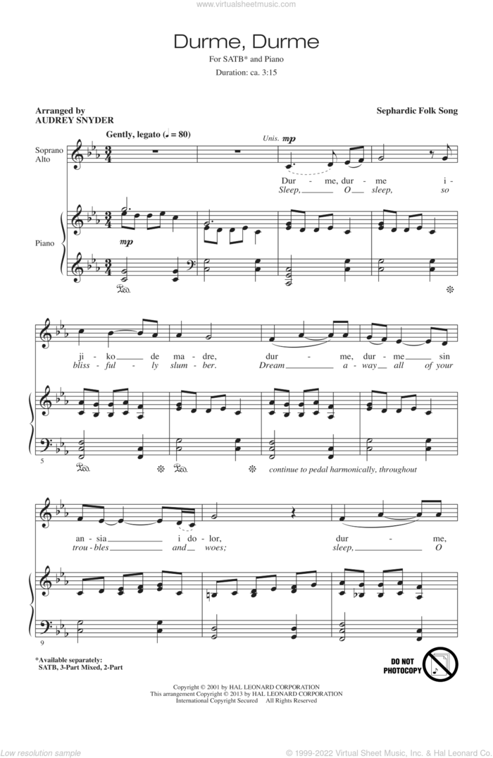 Durme, Durme sheet music for choir (SATB: soprano, alto, tenor, bass) by Audrey Snyder, intermediate skill level