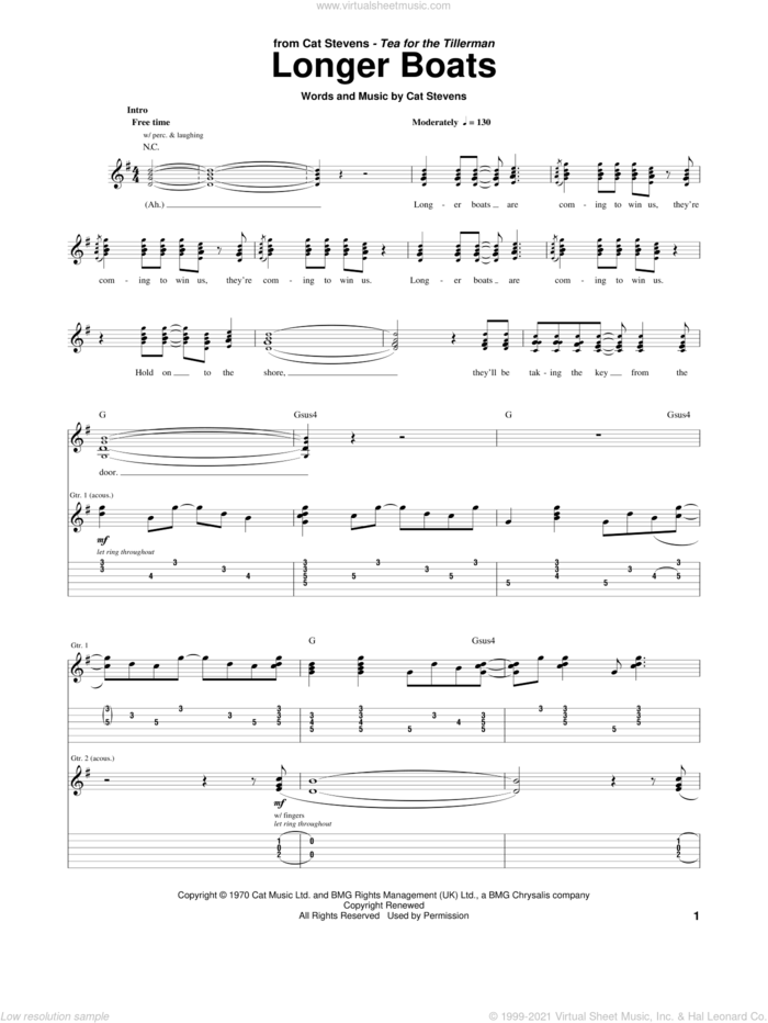 Longer Boats sheet music for guitar (tablature) by Cat Stevens, intermediate skill level