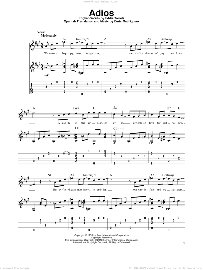Adios sheet music for guitar solo by Enric Madriguera and Glenn Miller, intermediate skill level