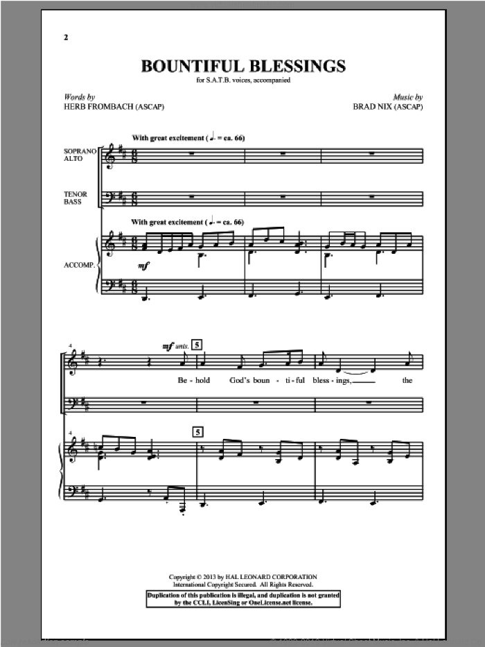 Bountiful Blessings sheet music for choir (SATB: soprano, alto, tenor, bass) by Brad Nix and Herb Frombach, intermediate skill level