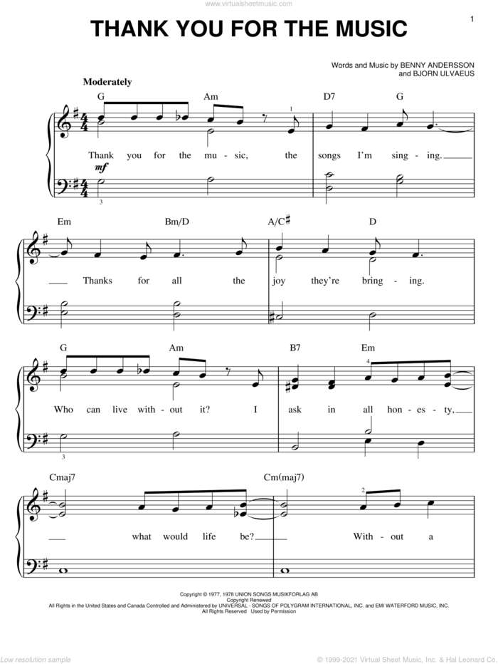 Thank You For The Music, (easy) sheet music for piano solo by ABBA, Mamma Mia! (Musical), Benny Andersson and Bjorn Ulvaeus, easy skill level