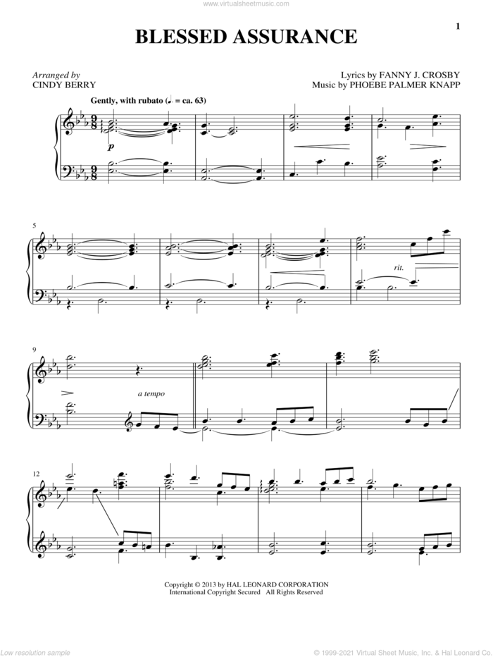 Blessed Assurance sheet music for piano solo by Cindy Berry, intermediate skill level