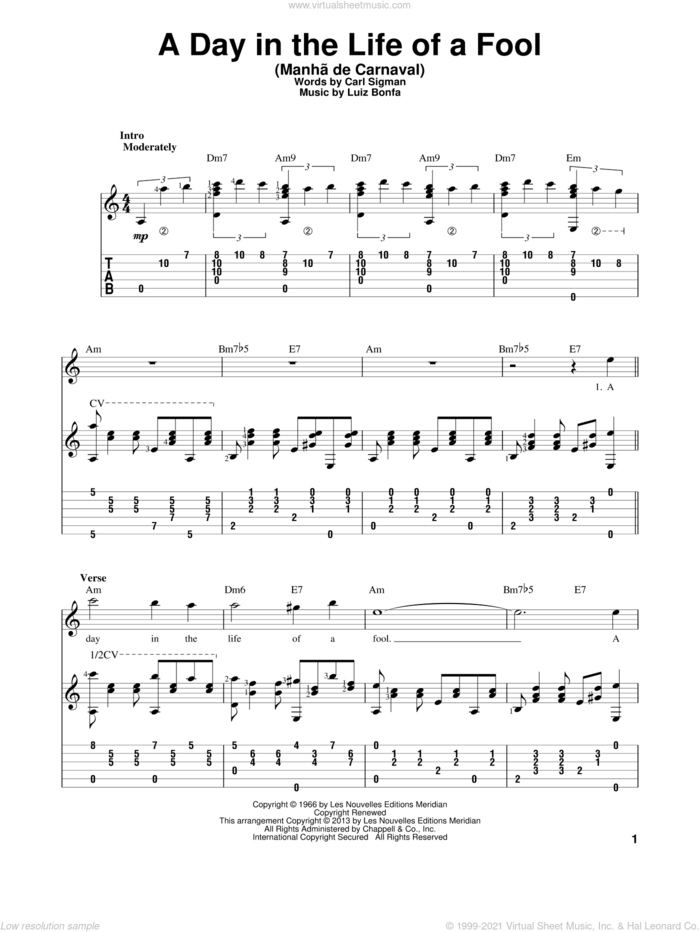 A Day In The Life Of A Fool (Manha De Carnaval) sheet music for guitar solo by Carl Sigman and Luiz Bonfa, intermediate skill level