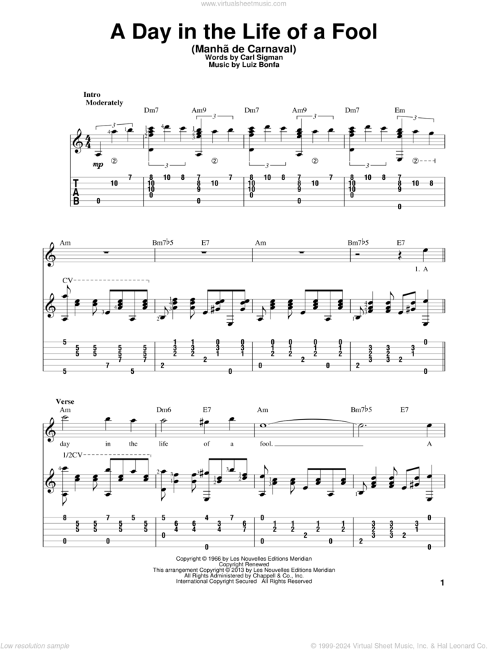 A Day In The Life Of A Fool (Manha De Carnaval) sheet music for guitar solo by Carl Sigman and Luiz Bonfa, intermediate skill level