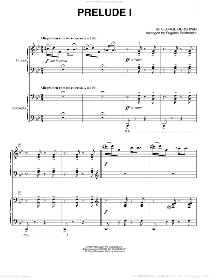 Prelude I (Allegro Ben Ritmato E Deciso) sheet music for piano four hands by George Gershwin and Eugenie Rocherolle, intermediate skill level