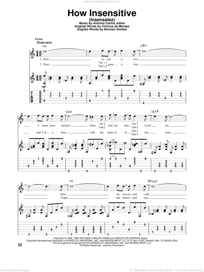How Insensitive (Insensatez) sheet music for guitar solo by Antonio Carlos Jobim and Astrud Gilberto, intermediate skill level