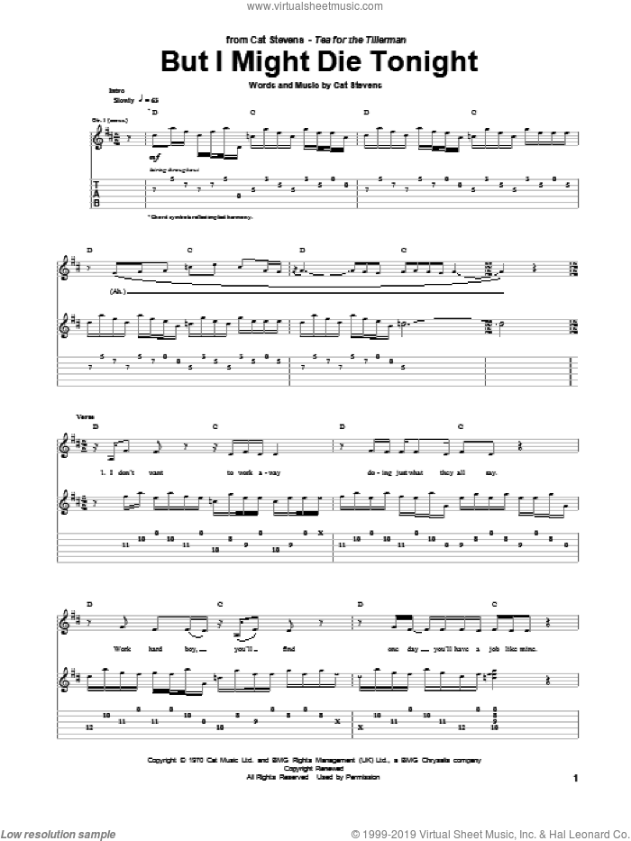 But I Might Die Tonight sheet music for guitar (tablature) by Cat Stevens, intermediate skill level