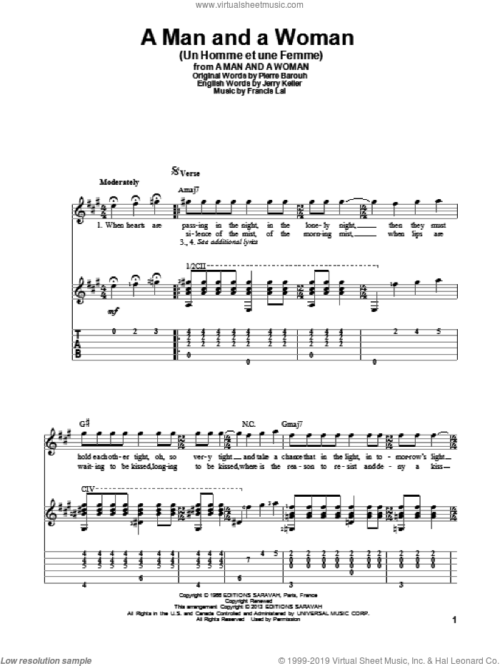 A Man And A Woman (Un Homme Et Une Femme) sheet music for guitar solo by Herbie Mann and Tamiko Jones, intermediate skill level