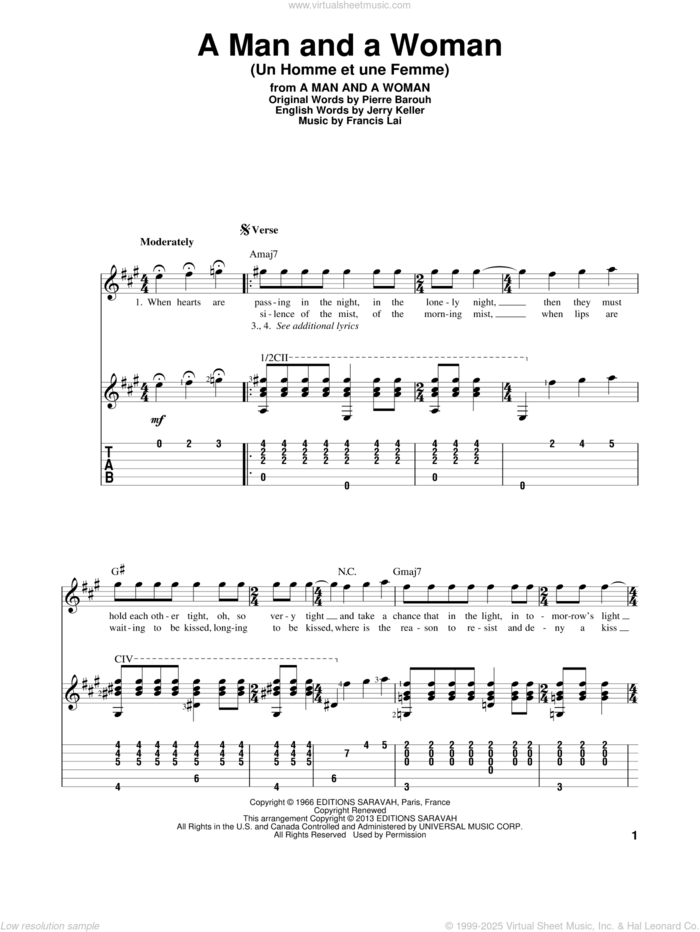 A Man And A Woman (Un Homme Et Une Femme) sheet music for guitar solo by Herbie Mann and Tamiko Jones, intermediate skill level