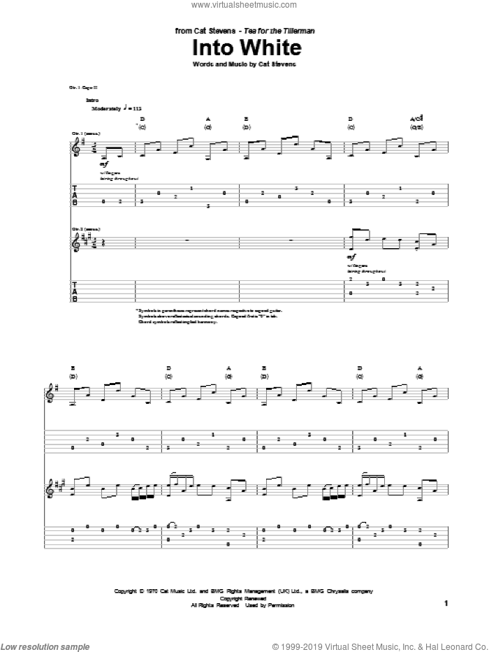 Into White sheet music for guitar (tablature) by Cat Stevens, intermediate skill level