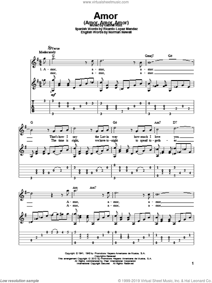 Amor (Amor, Amor, Amor) sheet music for guitar solo by Ben E. King, intermediate skill level