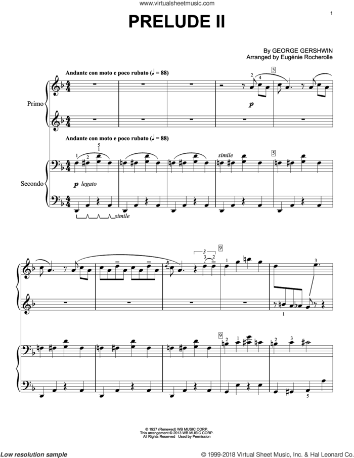 Prelude II (Andante Con Moto E Poco Rubato) sheet music for piano four hands by George Gershwin and Eugenie Rocherolle, intermediate skill level