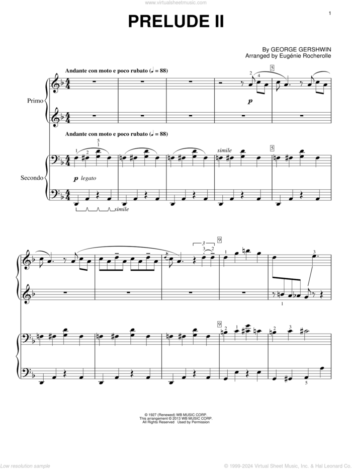 Prelude II (Andante Con Moto E Poco Rubato) sheet music for piano four hands by George Gershwin and Eugenie Rocherolle, intermediate skill level