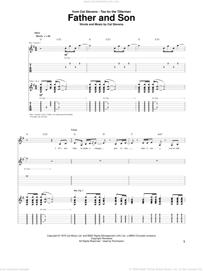 Father And Son sheet music for guitar (tablature) by Cat Stevens, intermediate skill level