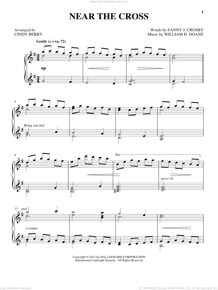 Near The Cross sheet music for piano solo by Cindy Berry and Fanny Crosby, intermediate skill level