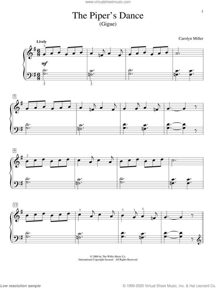 The Piper's Dance (Gigue) sheet music for piano solo (elementary) by Carolyn Miller, classical score, beginner piano (elementary)