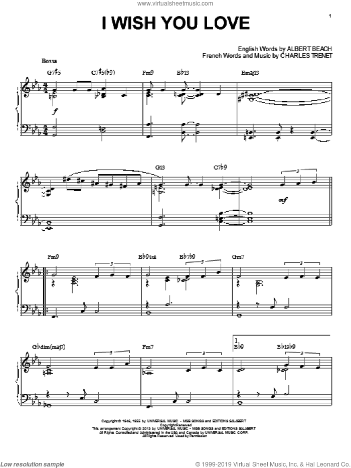 I Wish You Love [Jazz version] (arr. Brent Edstrom) sheet music for piano solo by Gloria Lynne, Albert Beach and Charles Trenet, intermediate skill level