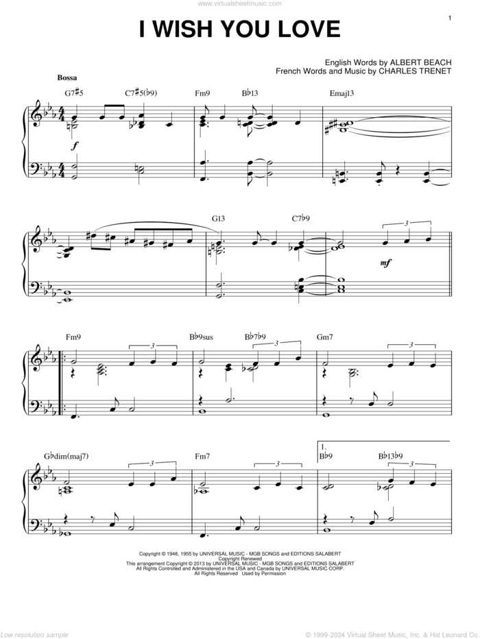 I Wish You Love [Jazz version] (arr. Brent Edstrom) sheet music for piano solo by Gloria Lynne, Albert Beach and Charles Trenet, intermediate skill level