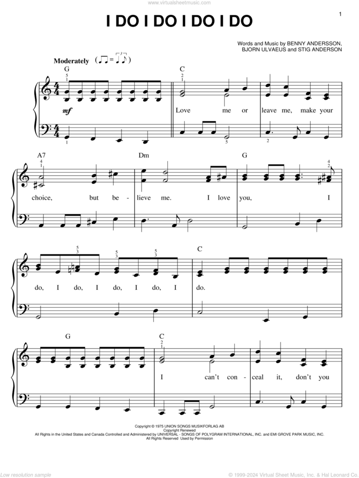 I Do, I Do, I Do, I Do, I Do, (easy) sheet music for piano solo by ABBA, Mamma Mia! (Musical), Benny Andersson, Bjorn Ulvaeus and Stig Anderson, easy skill level