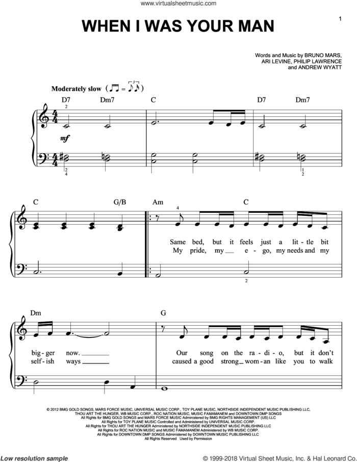 When I Was Your Man sheet music for piano solo by Bruno Mars, easy skill level