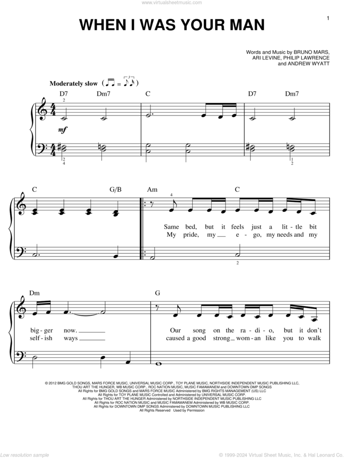 When I Was Your Man sheet music for piano solo by Bruno Mars, easy skill level