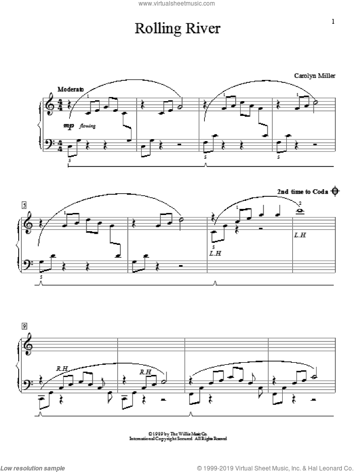 Rolling River sheet music for piano solo (elementary) by Carolyn Miller, classical score, beginner piano (elementary)