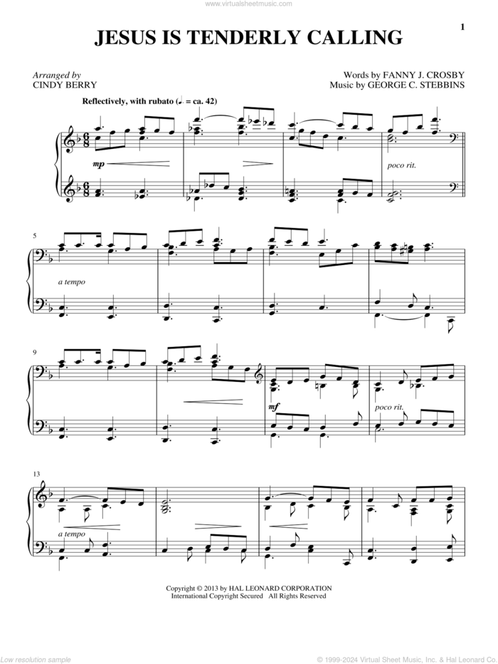 Jesus Is Tenderly Calling sheet music for piano solo by Cindy Berry and Fanny Crosby, intermediate skill level