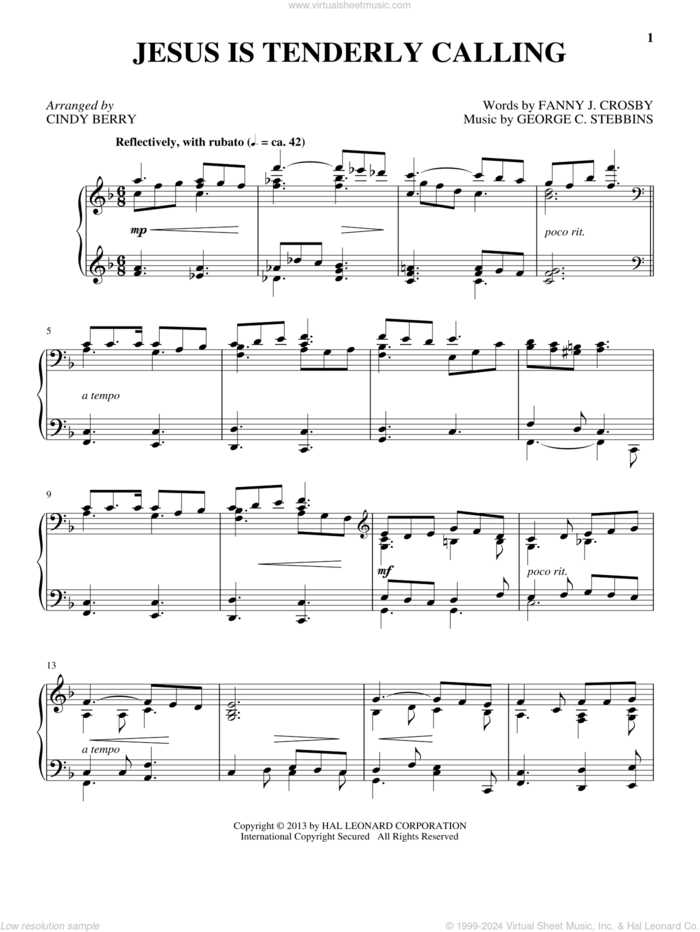 Jesus Is Tenderly Calling sheet music for piano solo by Cindy Berry and Fanny Crosby, intermediate skill level