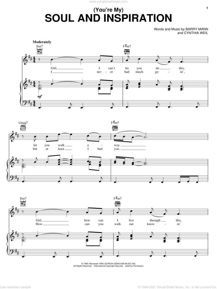 (You're My) Soul And Inspiration sheet music for voice, piano or guitar by The Righteous Brothers, Barry Mann and Cynthia Weil, wedding score, intermediate skill level
