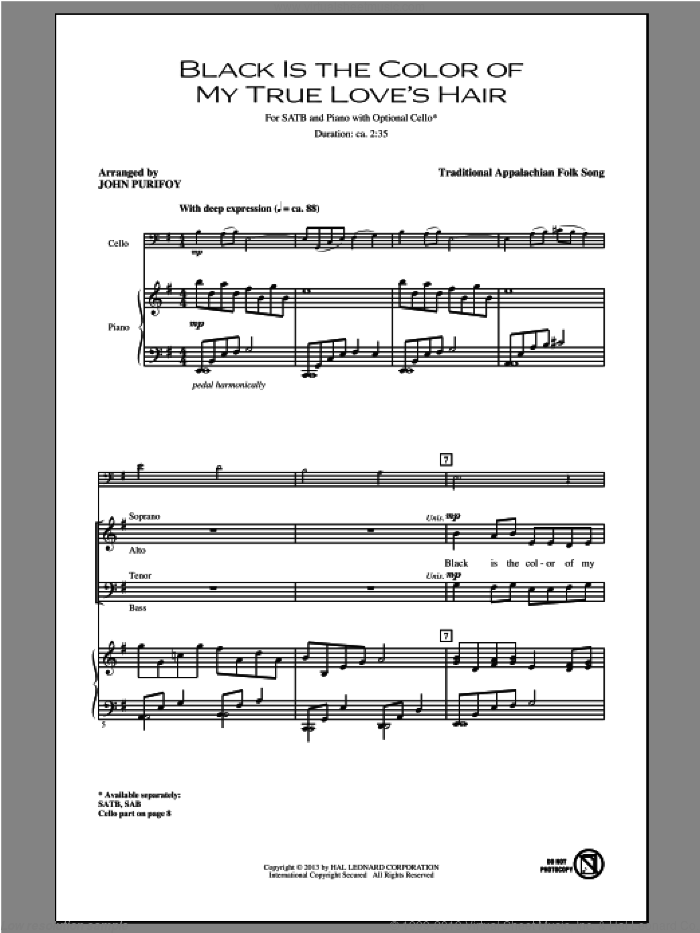 Black Is the Color of My True Love's Hair sheet music for choir (SATB: soprano, alto, tenor, bass) by John Purifoy, intermediate skill level