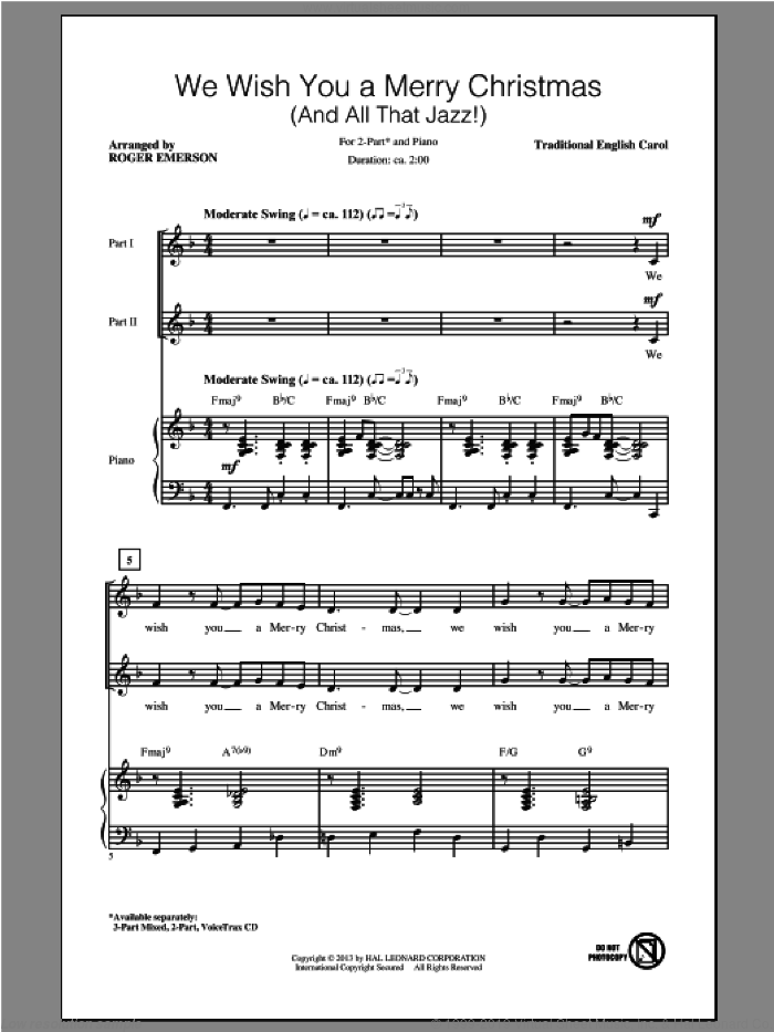 We Wish You A Merry Christmas sheet music for choir (2-Part) by Roger Emerson, intermediate duet