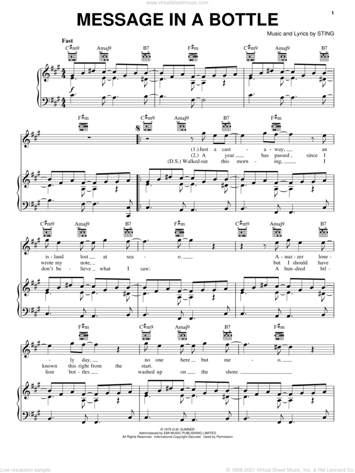 Message In A Bottle sheet music for voice, piano or guitar by The Police and Sting, intermediate skill level