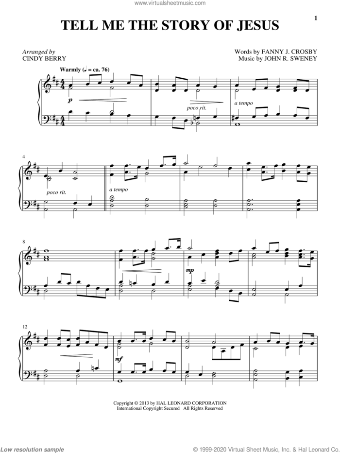 Tell Me The Story Of Jesus sheet music for piano solo by Cindy Berry, intermediate skill level
