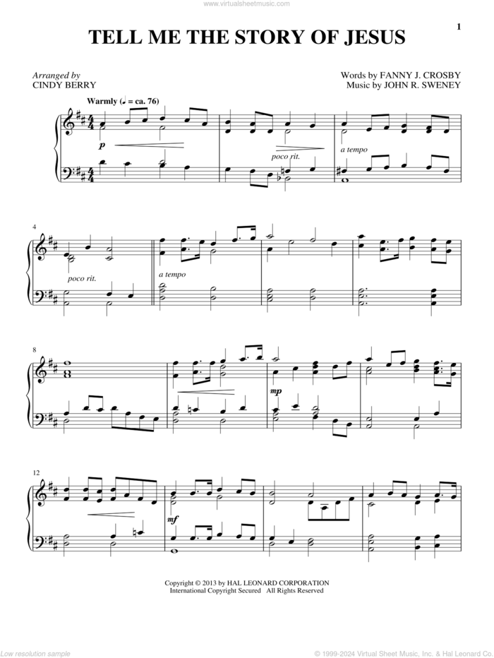 Tell Me The Story Of Jesus sheet music for piano solo by Cindy Berry, intermediate skill level