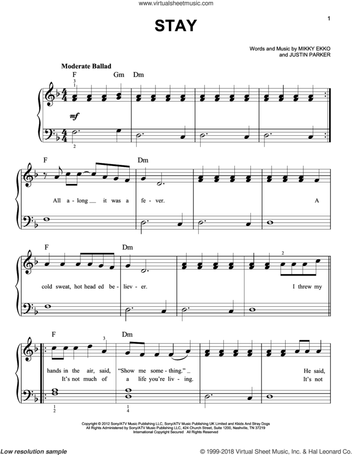 Stay, (beginner) sheet music for piano solo by Rihanna, beginner skill level
