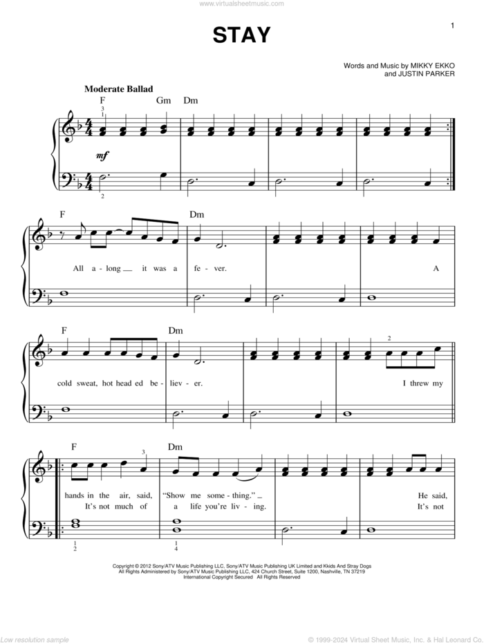 Stay, (beginner) sheet music for piano solo by Rihanna, beginner skill level