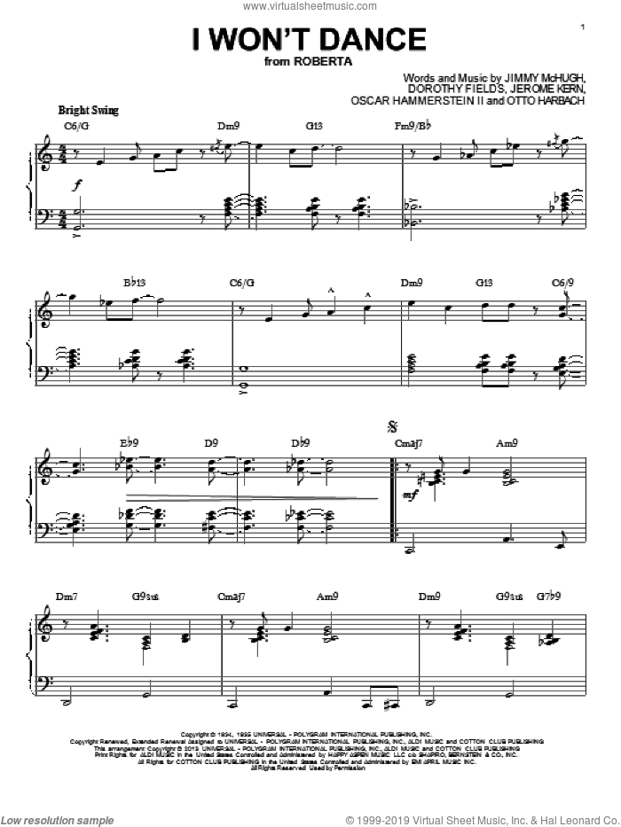 I Won't Dance [Jazz version] (arr. Brent Edstrom) sheet music for piano solo by Oscar II Hammerstein, intermediate skill level